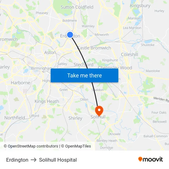 Erdington to Solihull Hospital map
