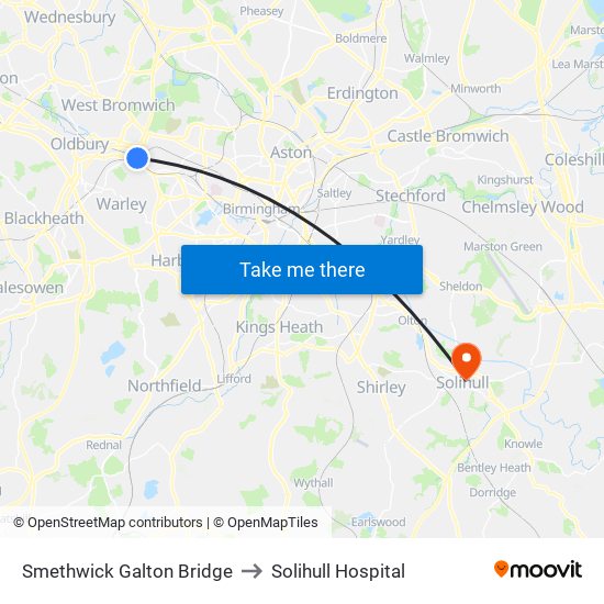 Smethwick Galton Bridge to Solihull Hospital map
