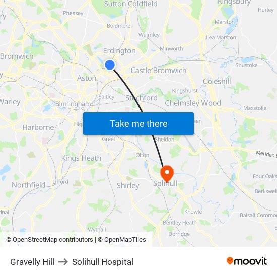 Gravelly Hill to Solihull Hospital map