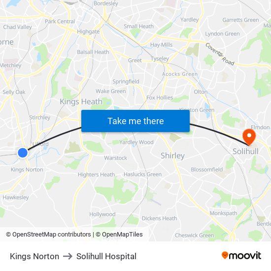 Kings Norton to Solihull Hospital map