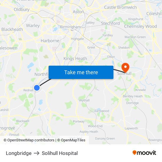Longbridge to Solihull Hospital map