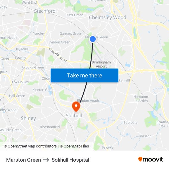Marston Green to Solihull Hospital map