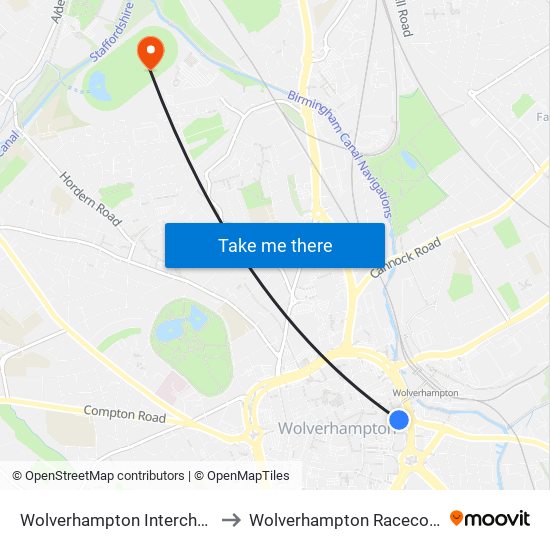 Wolverhampton Interchange to Wolverhampton Racecourse map
