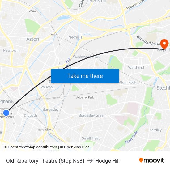 Old Repertory Theatre (Stop Ns8) to Hodge Hill map