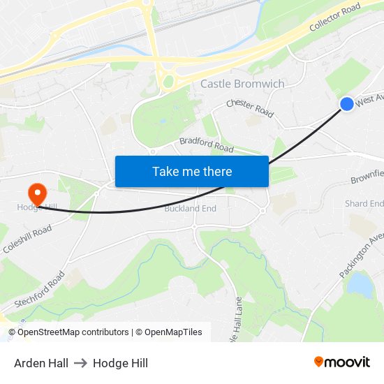 Arden Hall to Hodge Hill map