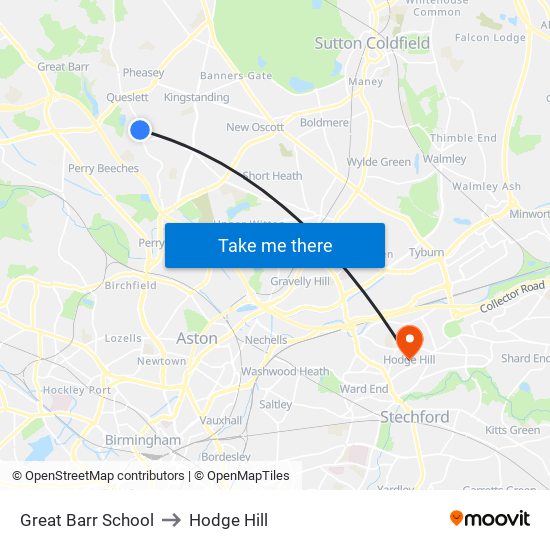 Great Barr School to Hodge Hill map