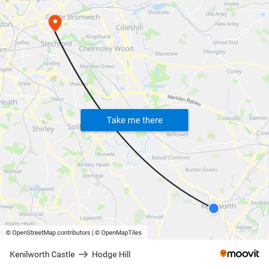 Kenilworth Castle to Hodge Hill map