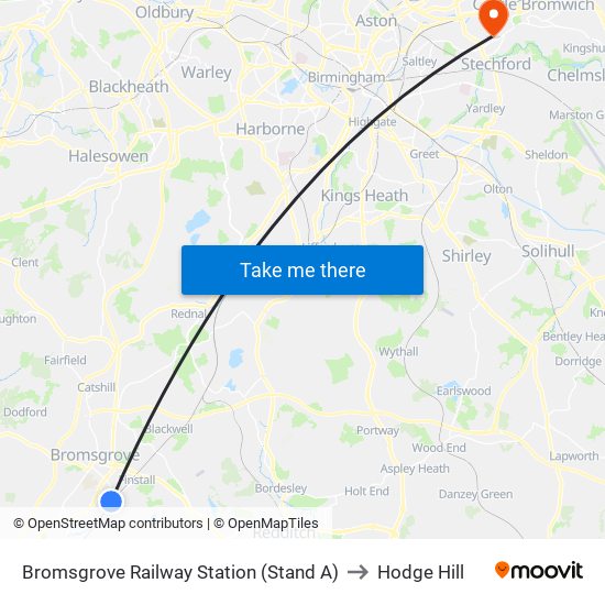 Bromsgrove Railway Station (Stand A) to Hodge Hill map