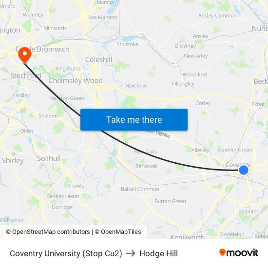 Coventry University (Stop Cu2) to Hodge Hill map