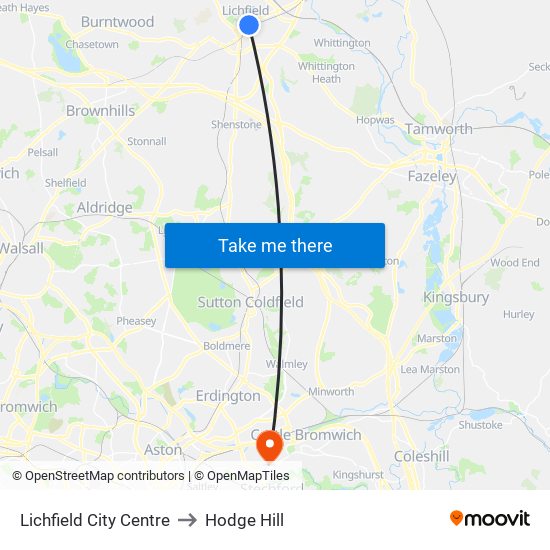 Lichfield City Centre to Hodge Hill map