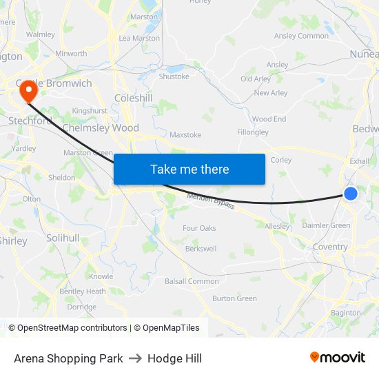 Arena Shopping Park to Hodge Hill map