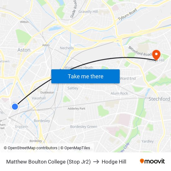 Matthew Boulton College (Stop Jr2) to Hodge Hill map