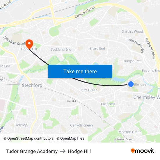 Tudor Grange Academy to Hodge Hill map