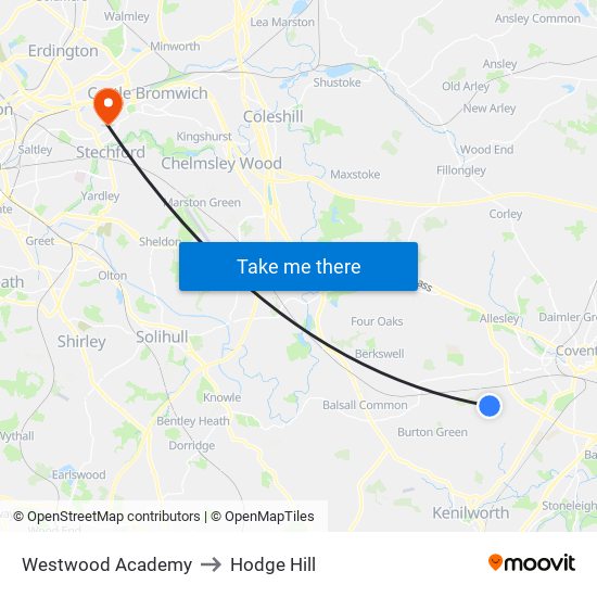 Westwood Academy to Hodge Hill map