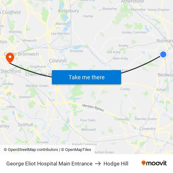 George Eliot Hospital Main Entrance to Hodge Hill map