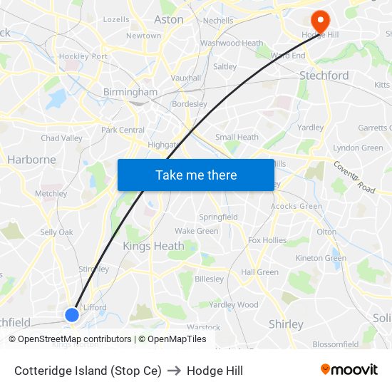 Cotteridge Island (Stop Ce) to Hodge Hill map