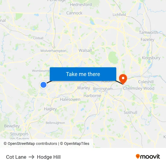 Cot Lane to Hodge Hill map