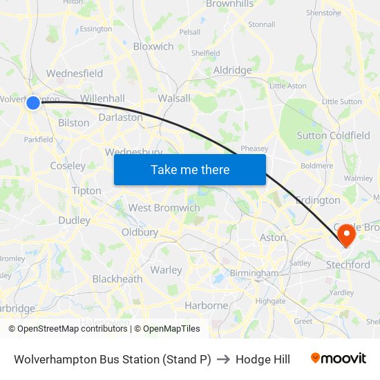 Wolverhampton Bus Station (Stand P) to Hodge Hill map