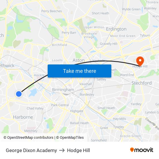 George Dixon Academy to Hodge Hill map