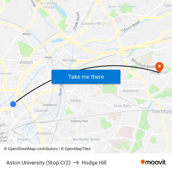 Aston University (Stop Cr2) to Hodge Hill map