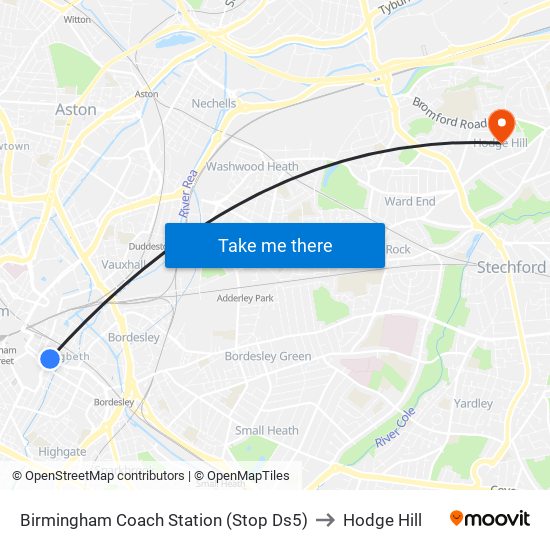 Birmingham Coach Station (Stop Ds5) to Hodge Hill map