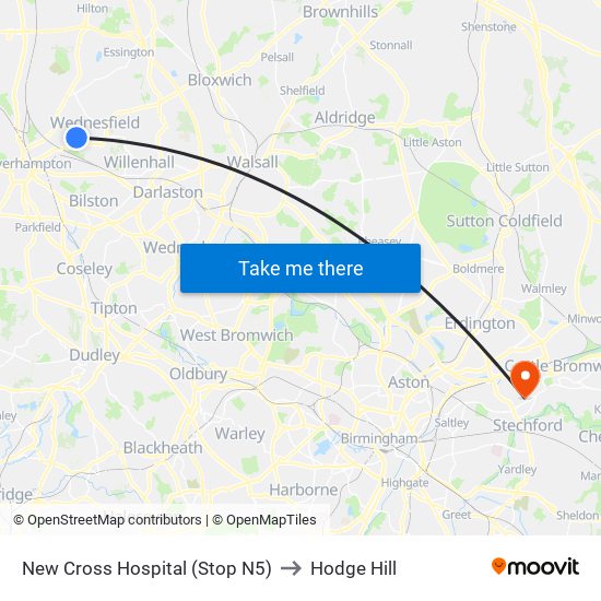 New Cross Hospital (Stop N5) to Hodge Hill map