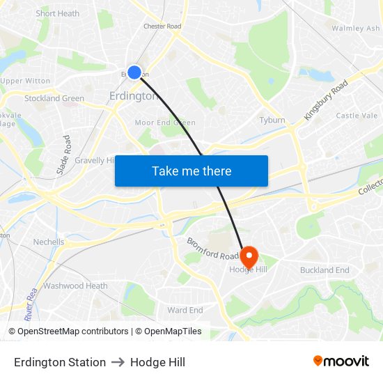 Erdington Station to Hodge Hill map