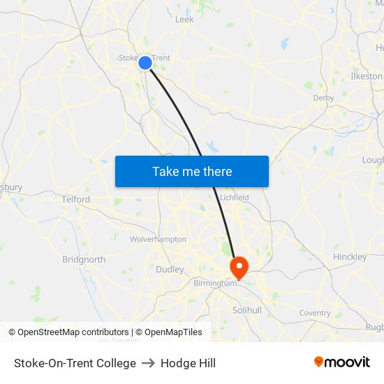 Stoke-On-Trent College to Hodge Hill map