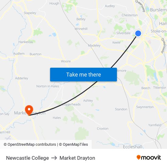 Newcastle College to Market Drayton map