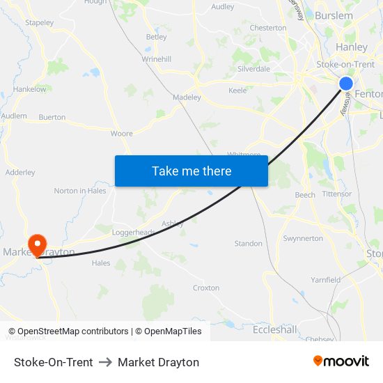Stoke-On-Trent to Market Drayton map