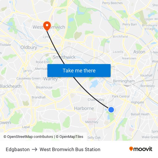 Edgbaston to West Bromwich Bus Station map