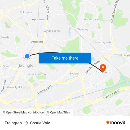 Erdington to Castle Vale map