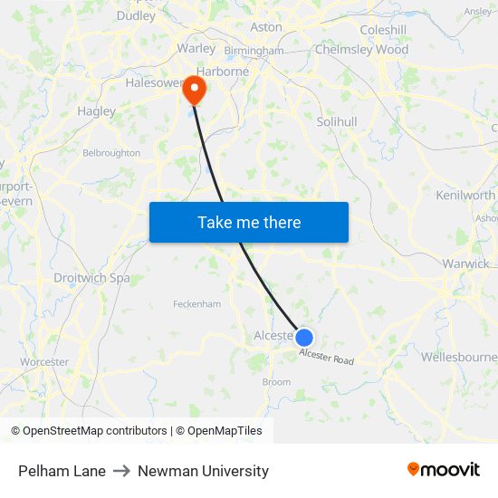 Pelham Lane to Newman University map