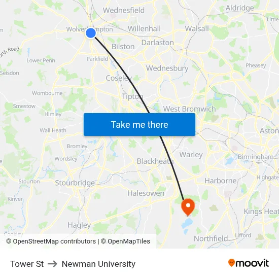 Tower St to Newman University map
