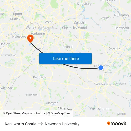 Kenilworth Castle to Newman University map
