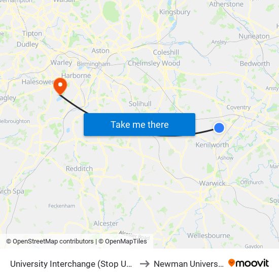 University Interchange (Stop Uw5) to Newman University map