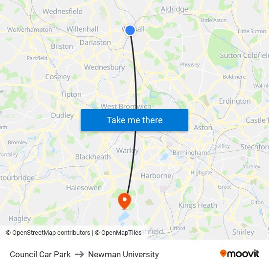 Council Car Park to Newman University map