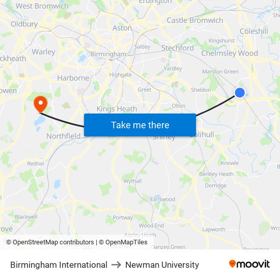 Birmingham International to Newman University map