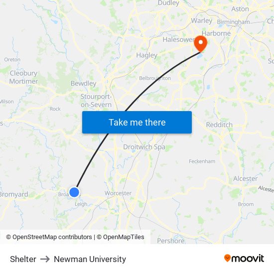 Shelter to Newman University map
