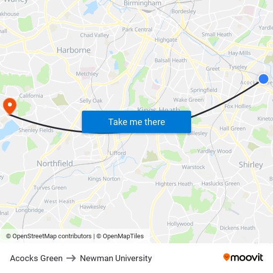 Acocks Green to Newman University map