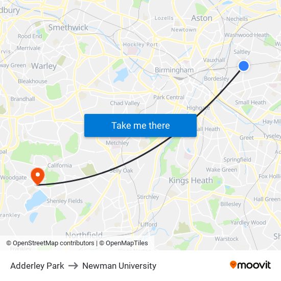 Adderley Park to Newman University map