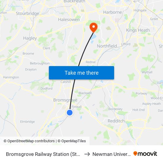 Bromsgrove Railway Station (Stand A) to Newman University map