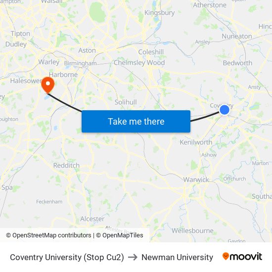 Coventry University (Stop Cu2) to Newman University map