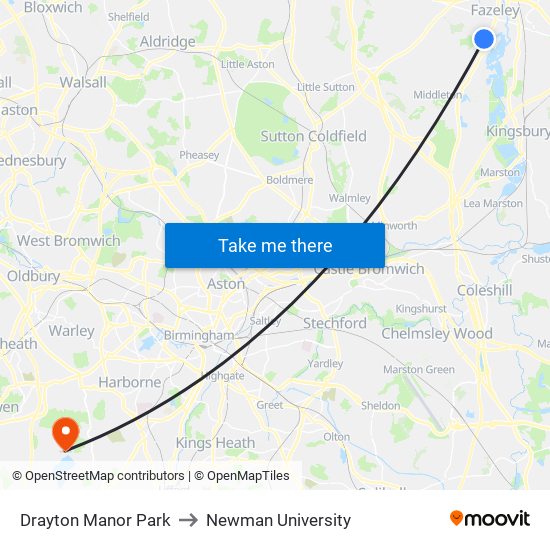 Drayton Manor Park to Newman University map