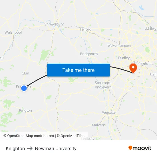 Knighton to Newman University map