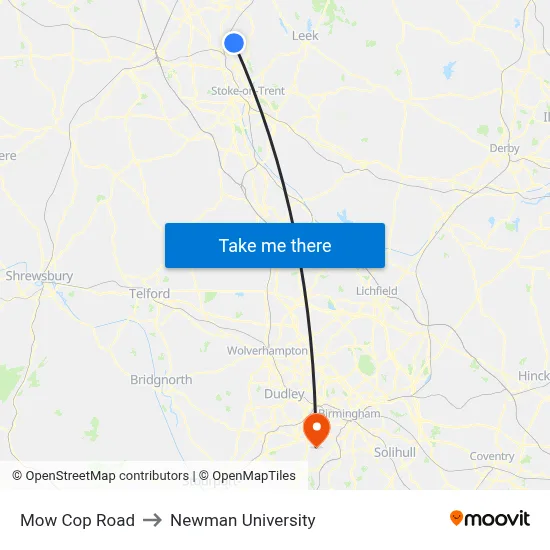 Mow Cop Road to Newman University map
