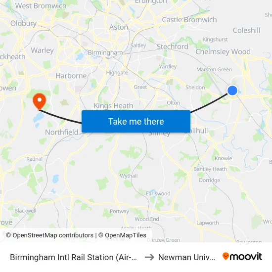 Birmingham Intl Rail Station (Air-Rail Link) to Newman University map