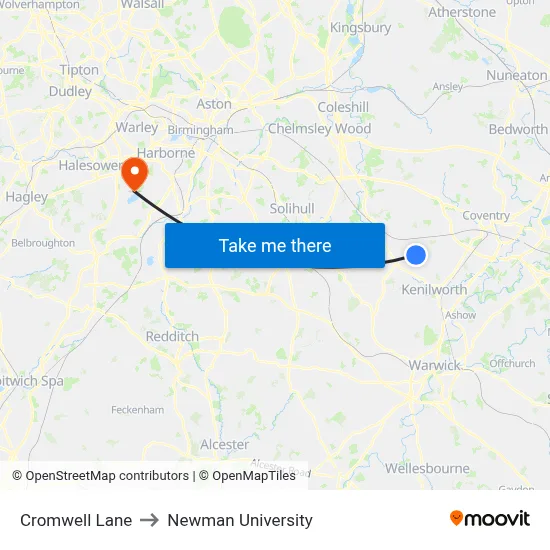 Cromwell Lane to Newman University map