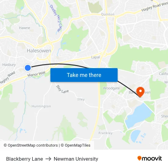 Blackberry Lane to Newman University map