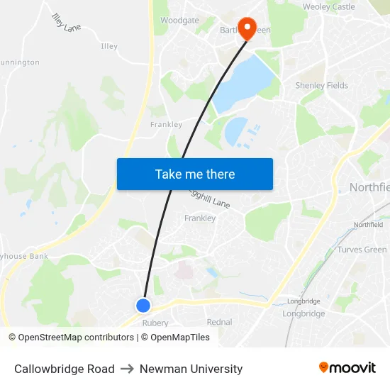 Callowbridge Road to Newman University map